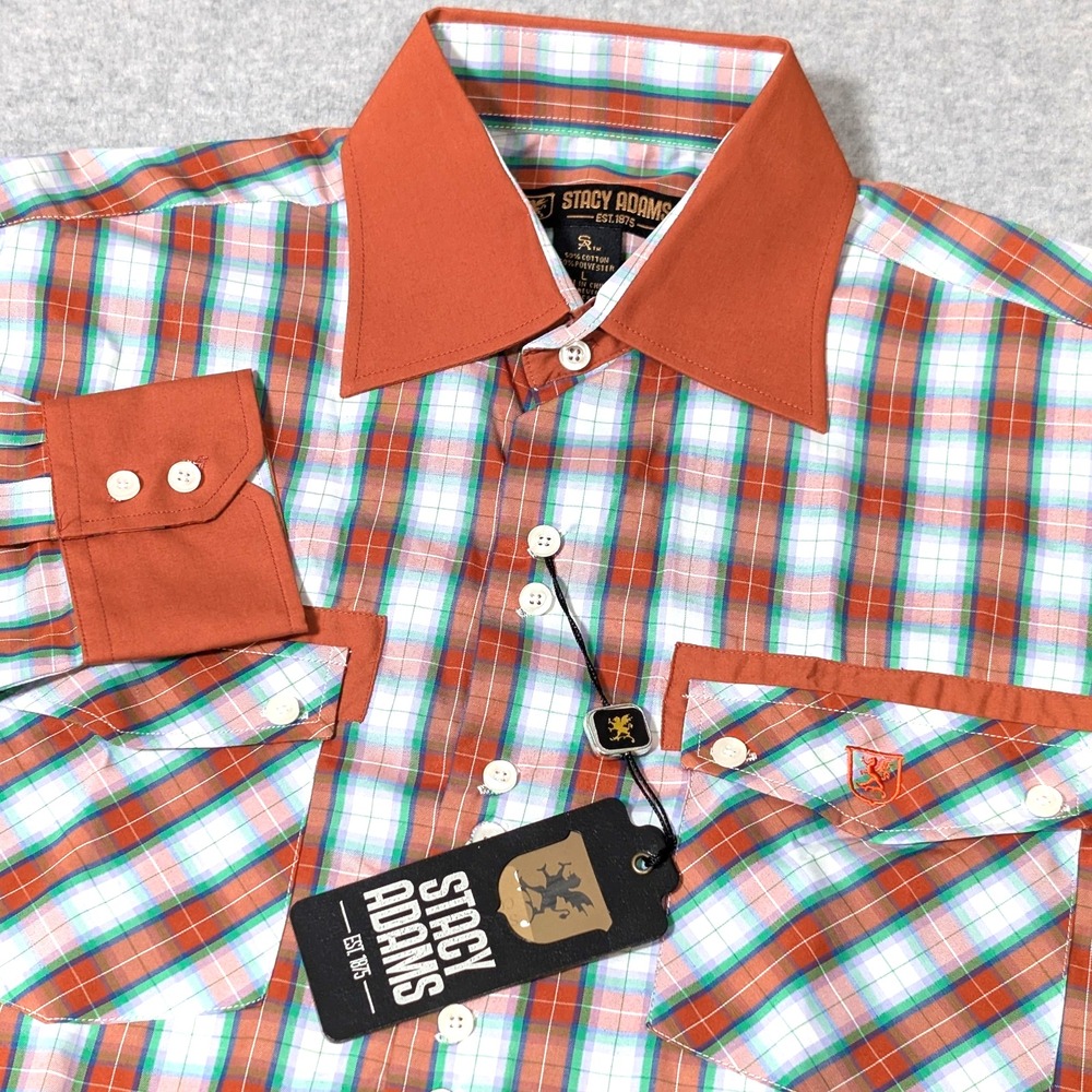 Stacy Adams Button Up Shirt Mens Large Orange Plaid Long Sleeve New